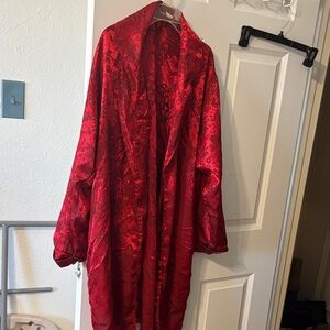 Red Satin Floral Long Women’s Coat